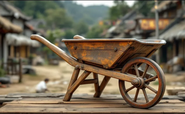 Chariot traditionnel chinois rustique, en bois, avec des détails artisanaux et des éléments de décoration.