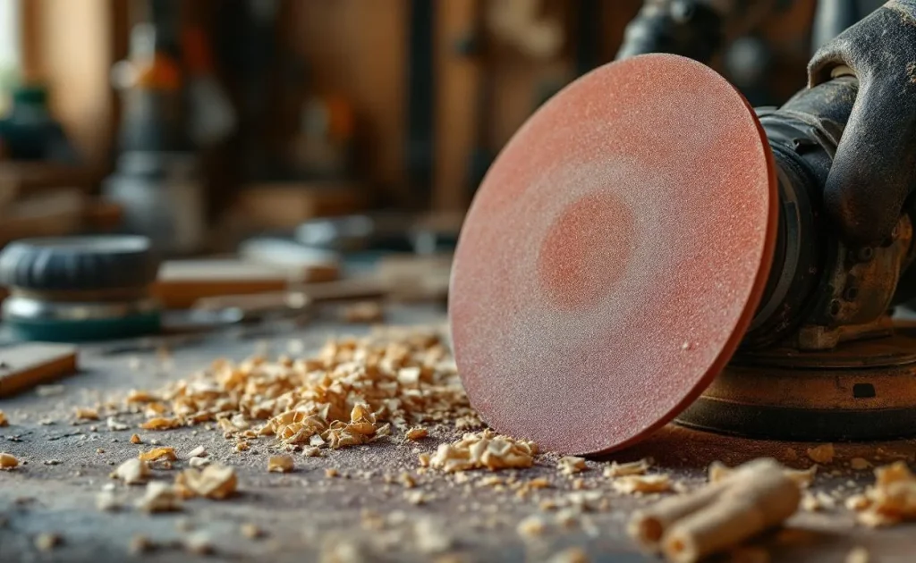 Disque à poncer usé reposant sur un établi dans un atelier.