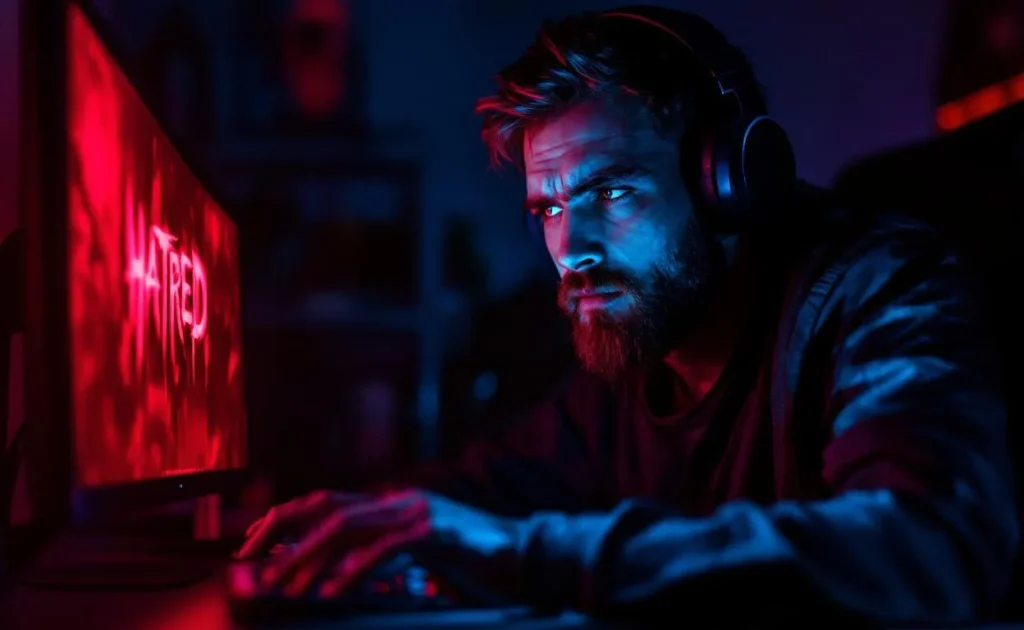 Un gamer concentré, illuminé par l'écran, se tient dans une ambiance sombre.