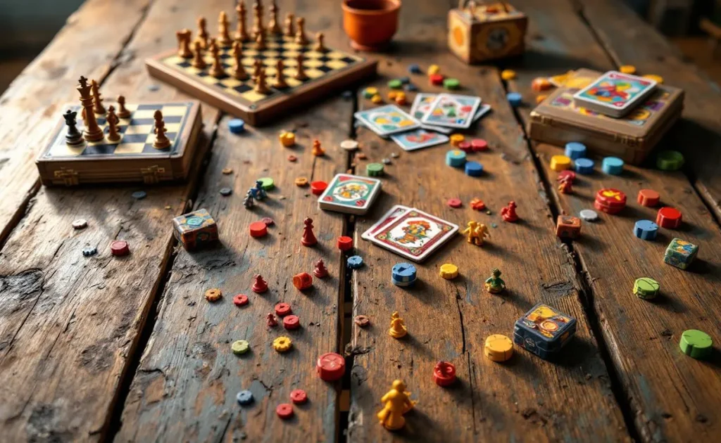 Une variété de jeux de société colorés évoquant convivialité et divertissement.