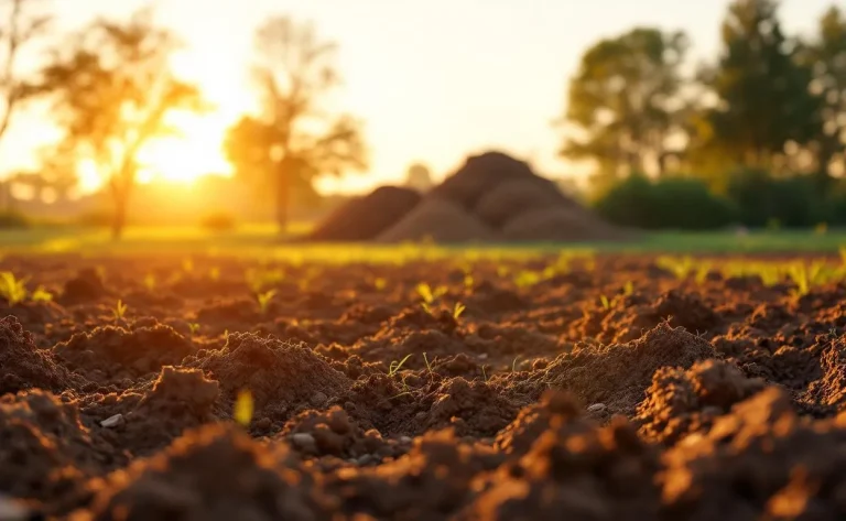 Terrain dégagé baigné de lumière dorée, évoquant une atmosphère paisible.