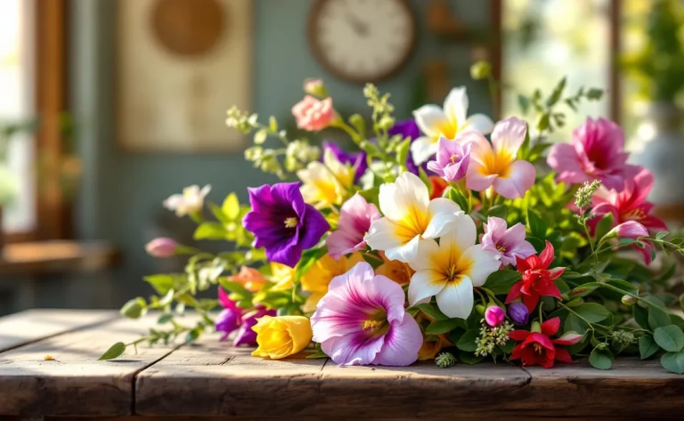 Un bouquet composé de foxgloves, freesias et fuchsias repose sur une table en bois sous une lumière matinale douce.