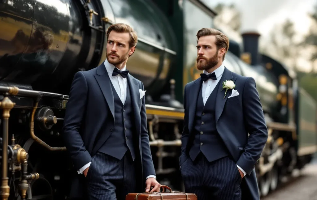 Un gentleman anglais élégant et son valet se tiennent près d’un train à vapeur ancien avec des bagages, sous une lumière douce du matin.