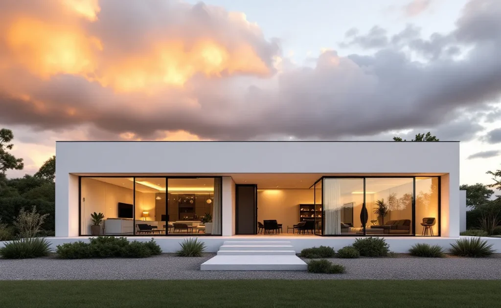 Façade rénovée d’une maison néo-bretonne avec des fenêtres modernes, un enduit blanc et un jardin épuré sous un ciel nuageux au coucher du soleil.