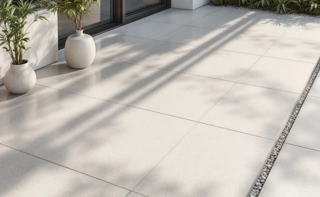 Patio moderne en plein air avec un sol en résine et gravier beige et gris, éclairé par la lumière naturelle et un petit prix visible dans un coin.