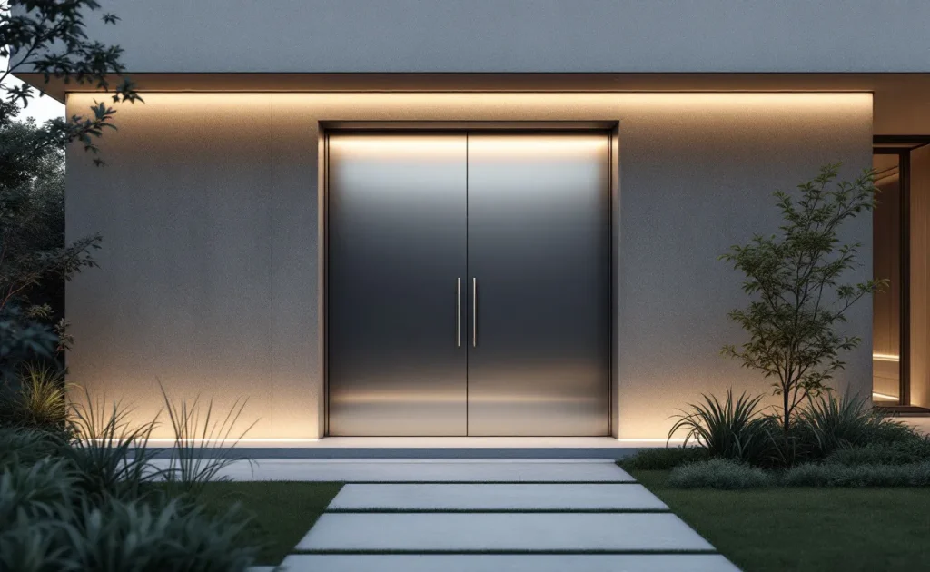 Porte K-line moderne en métal installée à l’entrée d’une maison contemporaine, reflétant la lumière du jour dans un jardin épuré.