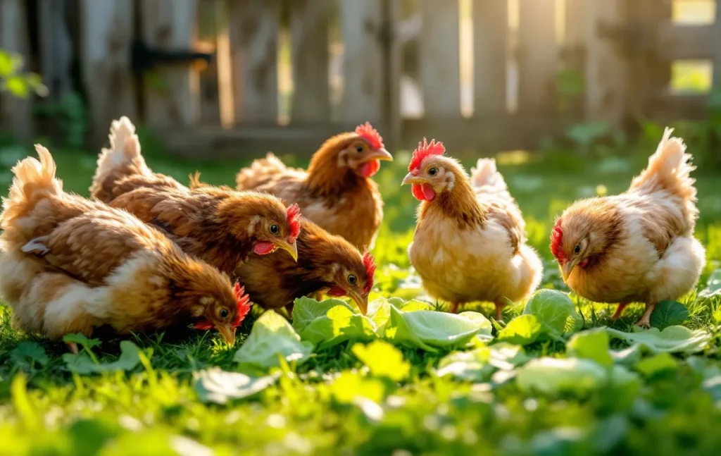 Des poules picorent des feuilles de chou vert posées sur l’herbe ensoleillée devant une vieille clôture en bois.