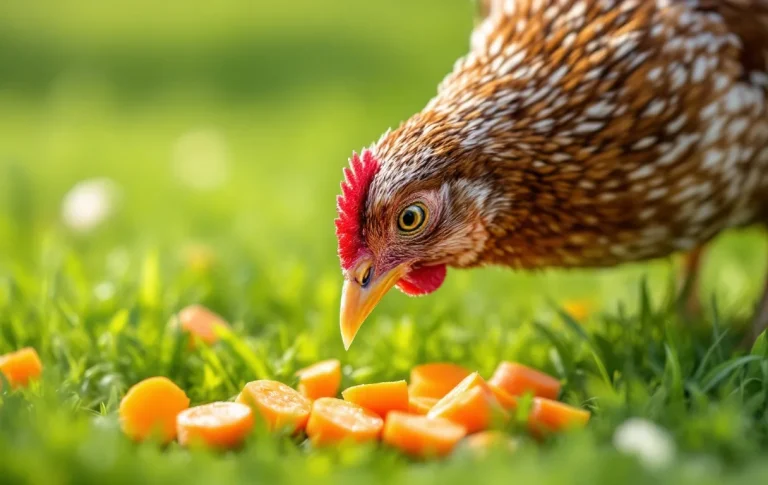 Une poule picore des rondelles de carotte orange posées sur de l’herbe verte au soleil du matin.