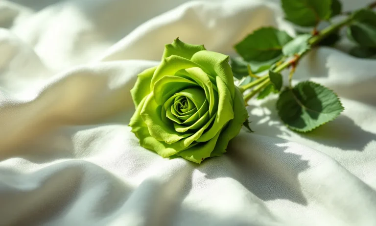 Une rose verte posée sur un tissu en lin blanc éclairé par la lumière du jour.