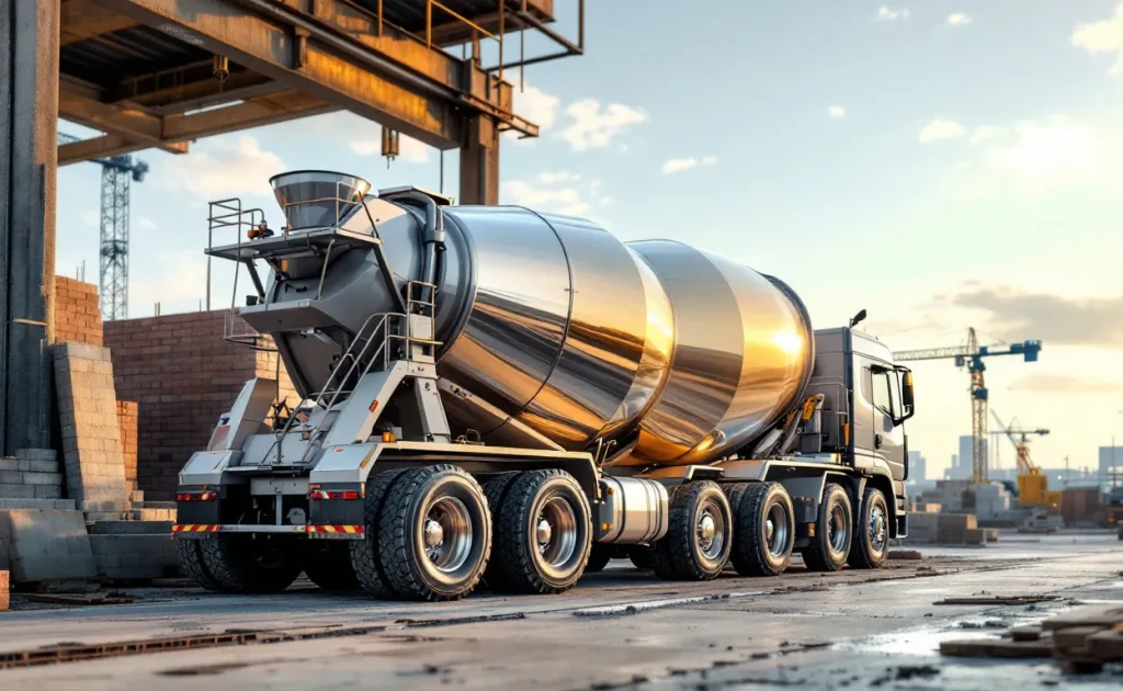 Un camion-toupie de 7 m³ est stationné sur un chantier moderne avec des matériaux de construction et des grues visibles à l’arrière-plan sous une lumière matinale.