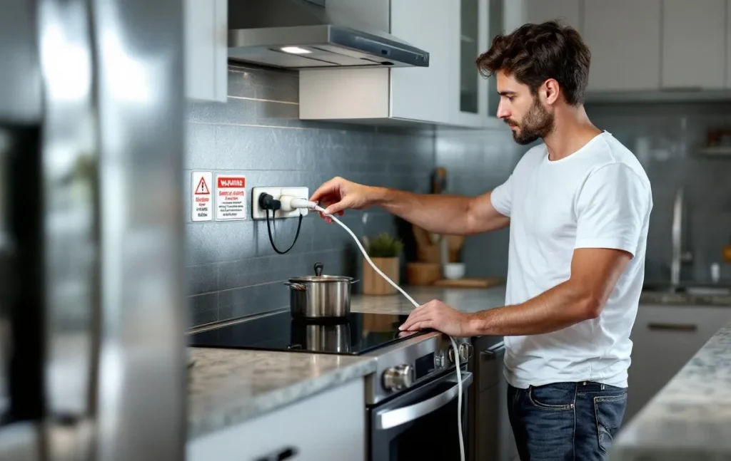 Une personne s’apprête à brancher une cuisinière électrique dans une cuisine moderne, avec des signes d’avertissement visibles près de la prise.