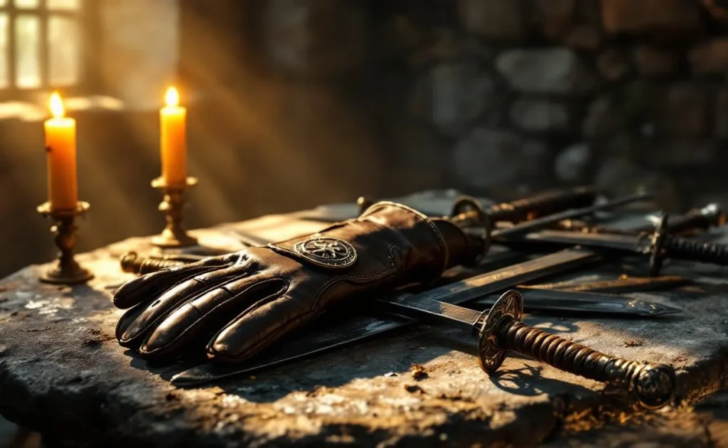 Un gant de mousquetaire repose sur d’anciennes épées posées sur une table en pierre, sous une lumière dorée de bougie dans une pièce obscure.