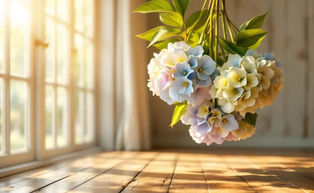 Des hortensias aux couleurs pastel suspendus tête en bas sèchent dans une pièce baignée de lumière dorée.