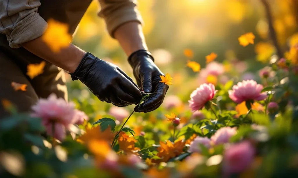 Un jardinier avec des gants taille des tiges de pivoines sous la lumière dorée d’un après-midi d’automne, entouré de feuilles colorées.