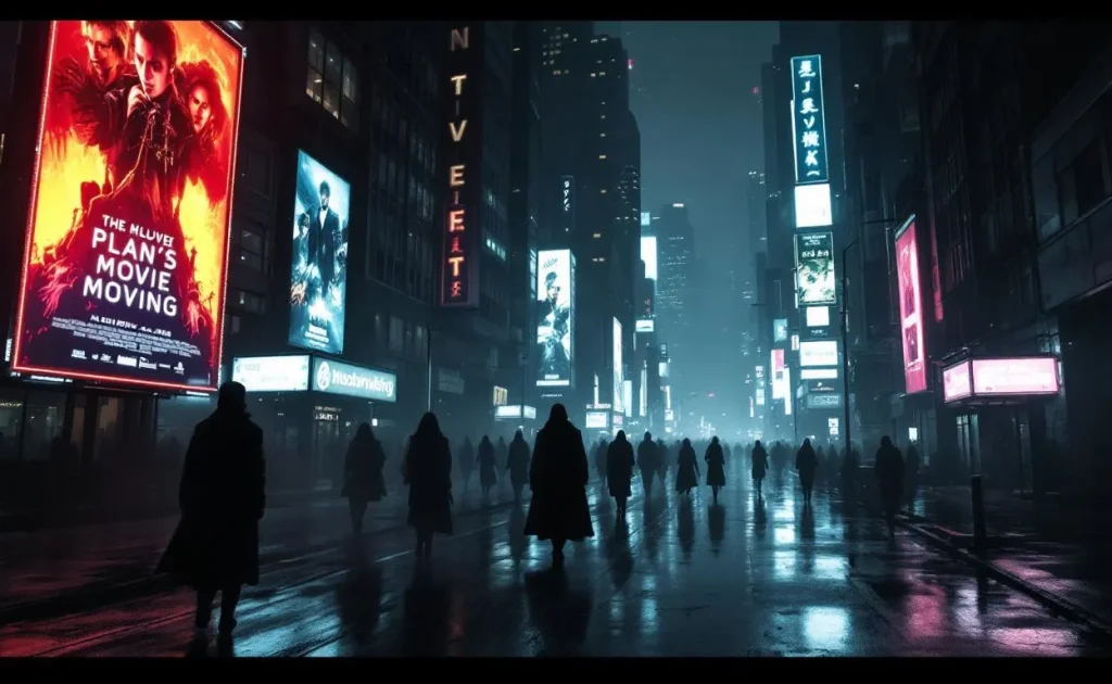 Scène urbaine nocturne et futuriste avec des silhouettes floues se déplaçant entre des ruelles éclairées et des panneaux numériques de cinéma.