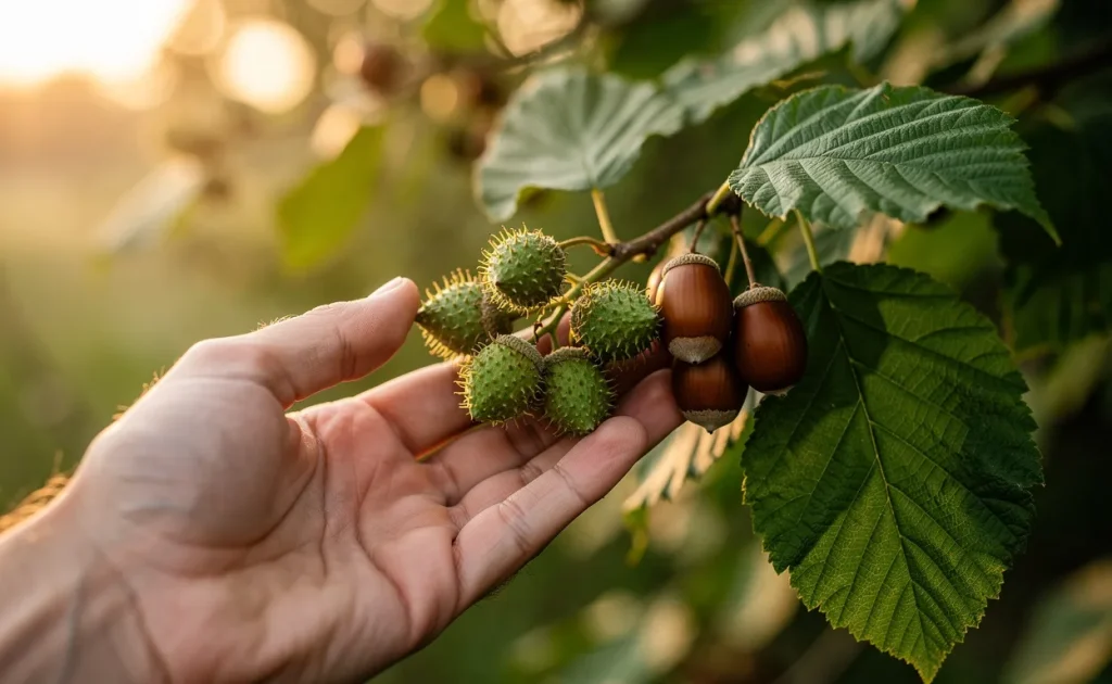 Une main tient délicatement une grappe de noisettes vertes encore attachées à la branche, près de noisettes brunes mûres, sous une lumière douce traversant des feuilles verdoyantes.