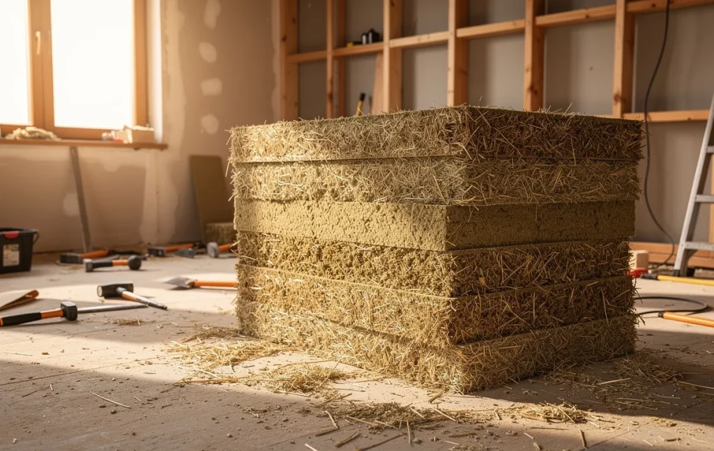 Des panneaux d’isolation Biofib empilés dans une pièce en rénovation, avec des fibres végétales visibles et une lumière naturelle.