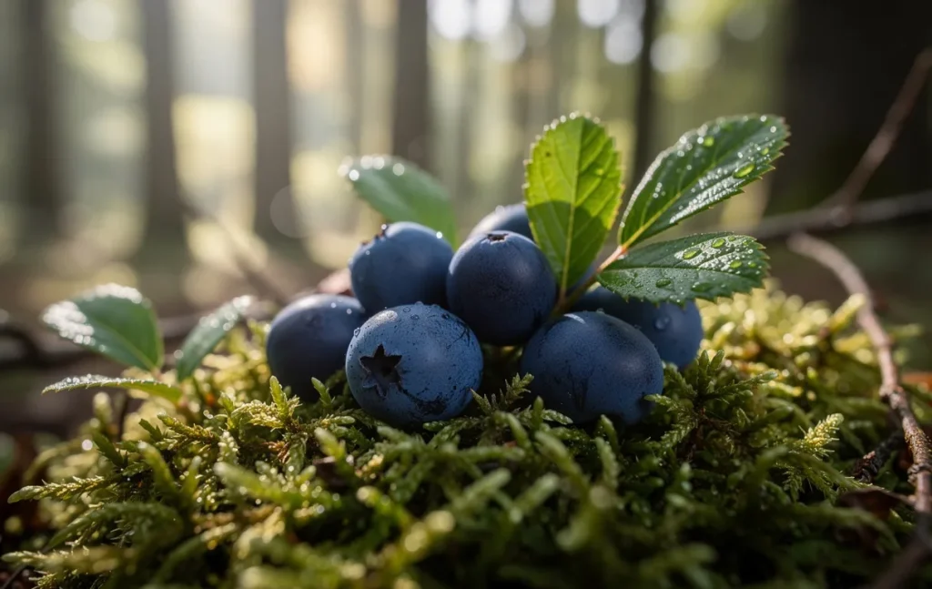 Des prunelles sauvages posées sur un sol forestier moussu, entourées de feuilles vertes et éclairées par une lumière naturelle filtrant à travers les arbres.