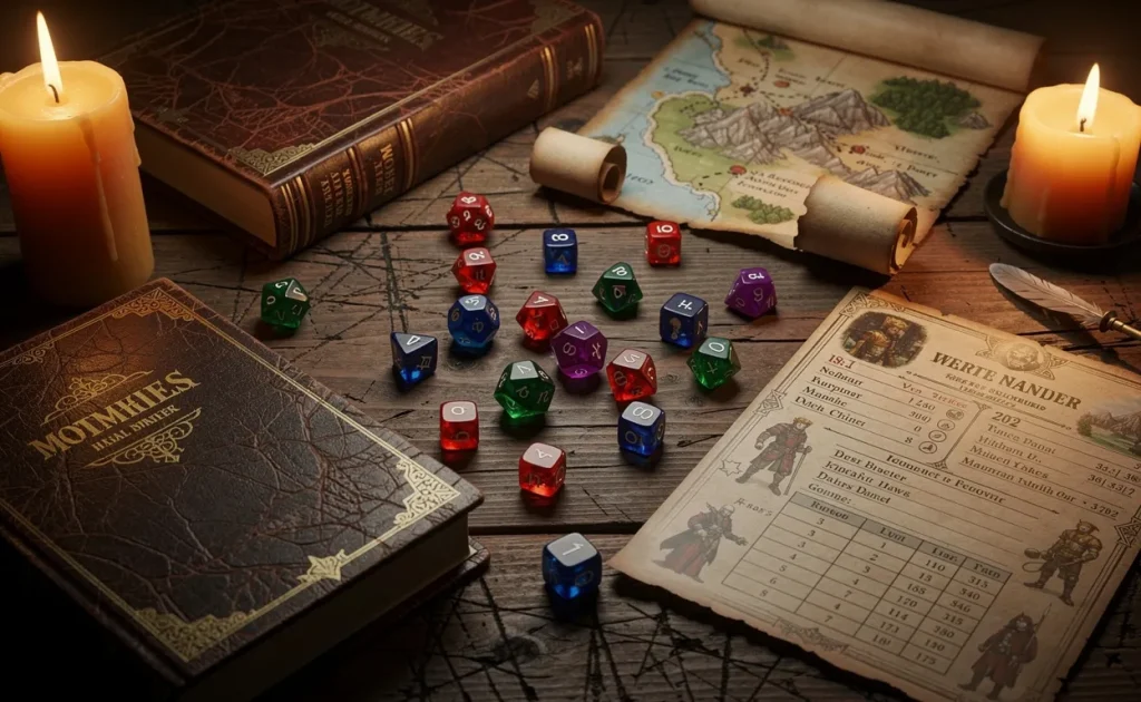 Une table en bois ancien est couverte de livres de jeu de rôle, de dés colorés, de cartes en parchemin et de fiches de personnage illustrées sous une lumière de bougie chaleureuse.
