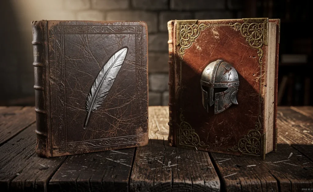 Deux livres anciens en cuir décorés, l’un avec une plume d’argent et l’autre avec un casque usé, reposent face à face sur une table médiévale en bois sous une lumière chaude.