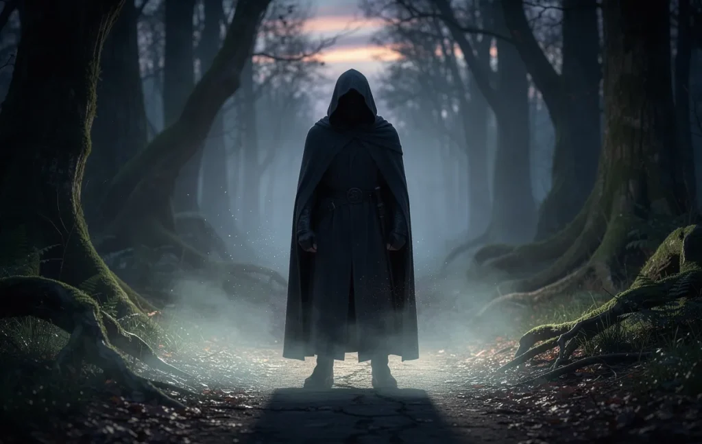 Un personnage mystérieux en capuche se tient seul sur un sentier forestier brumeux au crépuscule, le visage caché dans l’ombre.