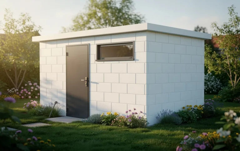 Un abri de jardin moderne en blocs de béton blanc se dresse dans une cour verdoyante et fleurie sous une lumière matinale douce.