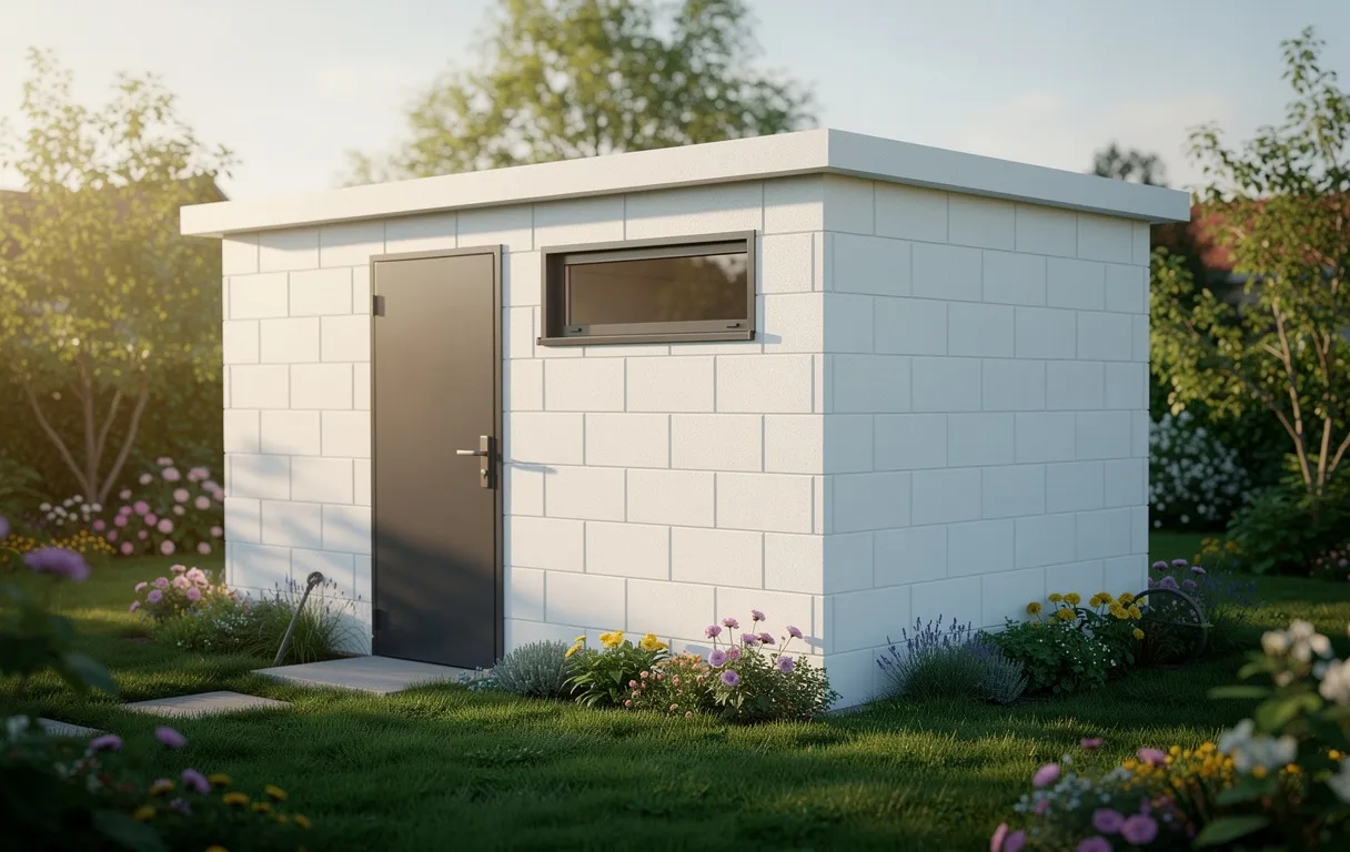 Un abri de jardin moderne en blocs de béton blanc se dresse dans une cour verdoyante et fleurie sous une lumière matinale douce.