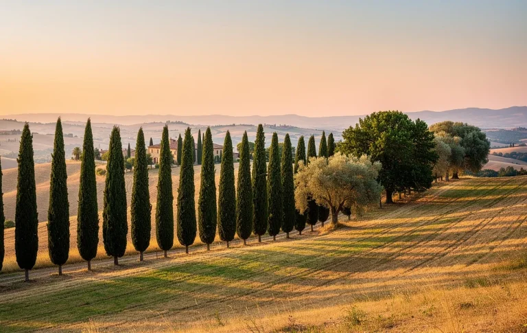 Deux rangées de cyprès, florentins à gauche et provençaux à droite, se dressent sur une colline toscane baignée de lumière dorée.