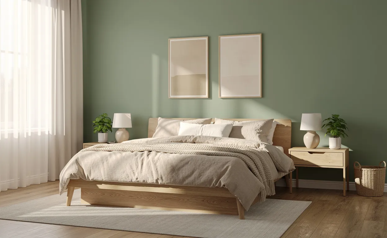Chambre paisible aux murs vert sauge, avec literie beige et accents en bois sous une lumière matinale douce.