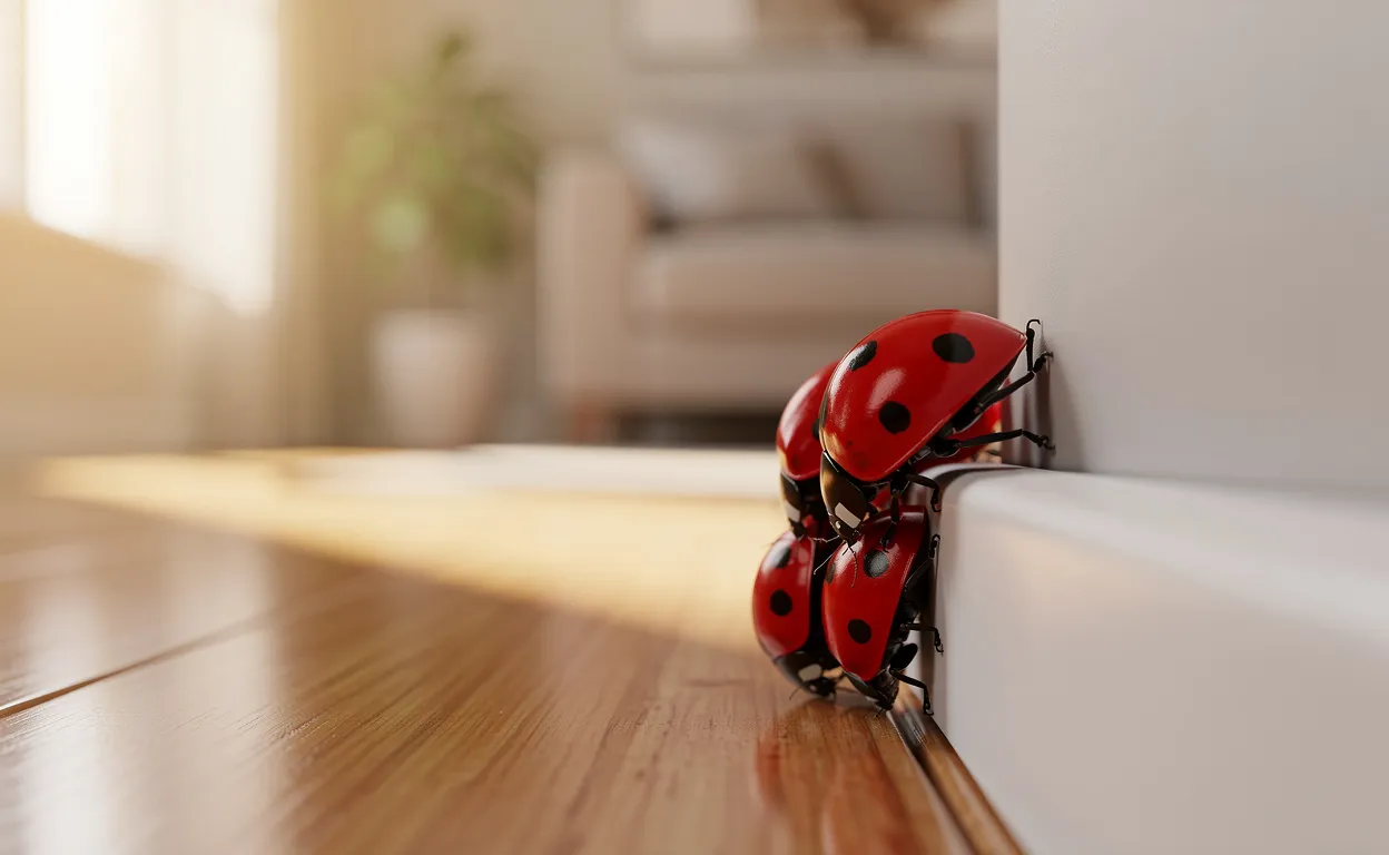 Un groupe de coccinelles est rassemblé dans un coin d’un salon baigné par la lumière du matin.