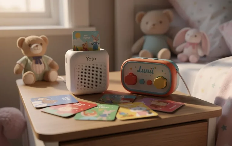Le Yoto Player et la conteuse Lunii sont posés côte à côte sur une table de chevet d’enfant, entourés de cartes d’histoires colorées et de peluches, dans une lumière matinale douce.