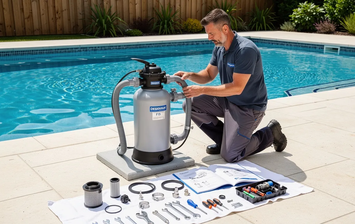 Une personne installe un filtre de piscine Desjoyaux F15 à côté d’une piscine bleue, avec des outils et pièces posés à terre en plein jour d’été.