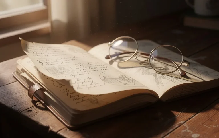 Un journal ouvert avec des notes manuscrites et des croquis repose sur un bureau en bois, accompagné de lunettes rondes et baigné par la lumière douce d’une fenêtre.