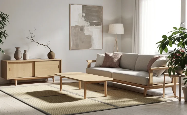 Salon serein mêlant design scandinave et japonais, avec mobilier en bois minimaliste, tons neutres, lumière naturelle et végétation discrète.