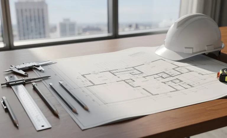 Bureau d’architecte avec des plans détaillés, un casque de chantier et des outils de construction éclairés par la lumière du jour près d’une grande fenêtre.