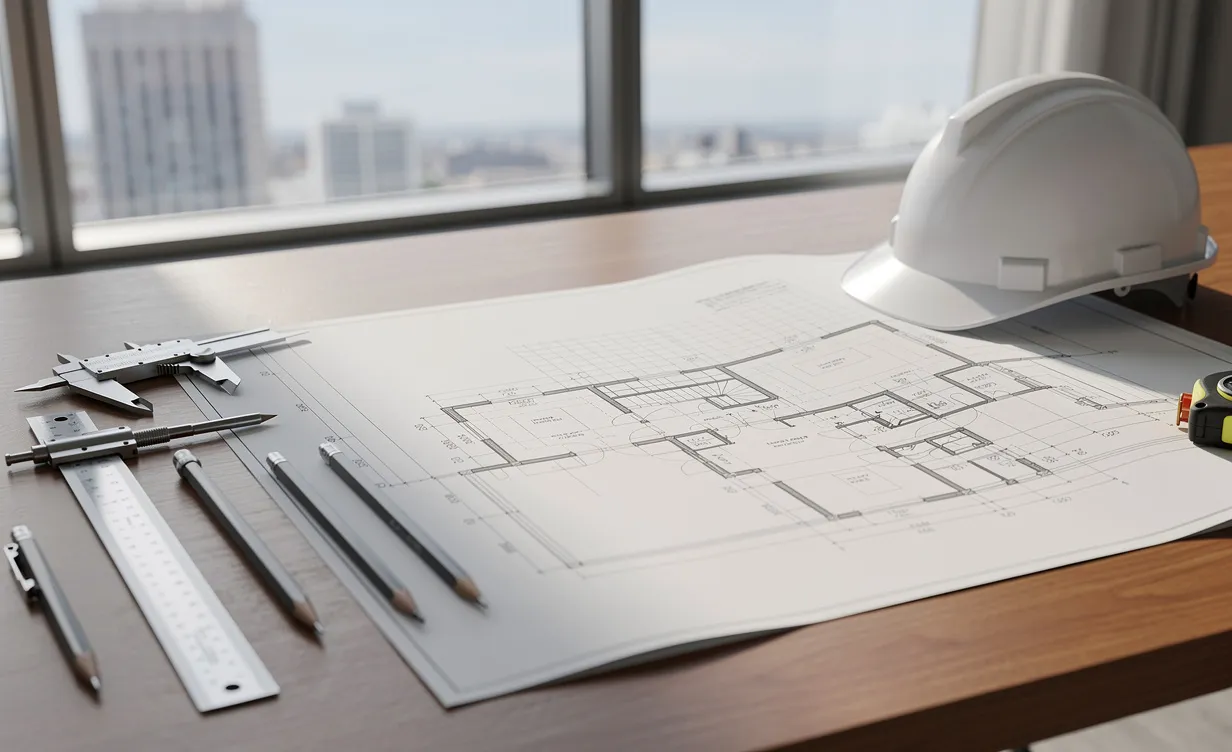 Bureau d’architecte avec des plans détaillés, un casque de chantier et des outils de construction éclairés par la lumière du jour près d’une grande fenêtre.