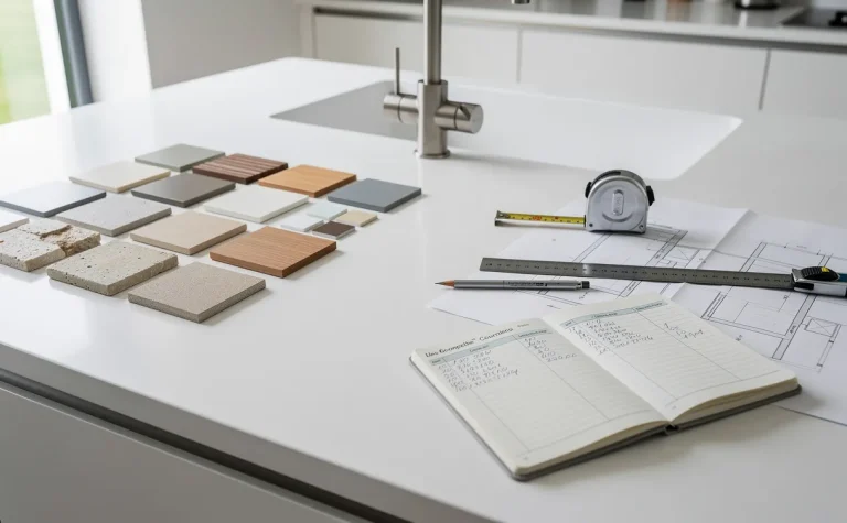 Un plan de travail de cuisine en Corian avec robinet moderne, échantillons de matériaux, outils de mesure et carnet de budget, éclairé par la lumière d’une fenêtre.