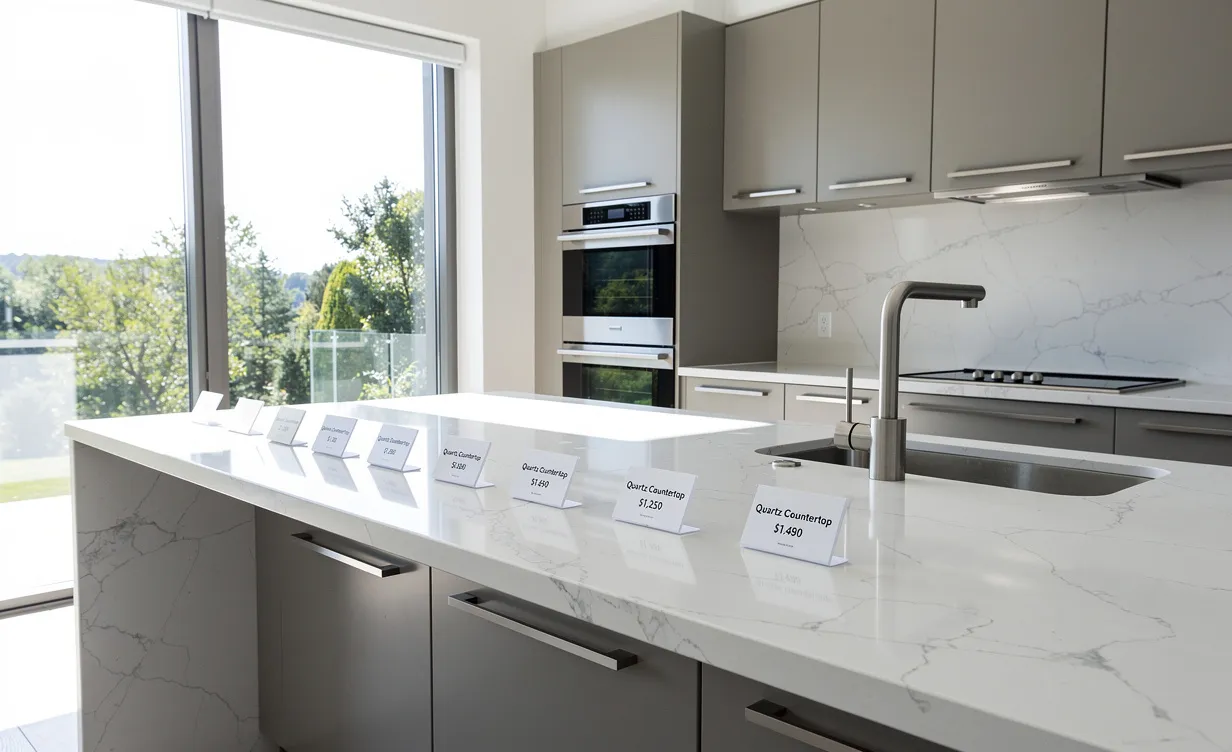 Cuisine moderne avec un large plan de travail en quartz veiné, illuminée par de grandes fenêtres et ornée d’étiquettes de prix.