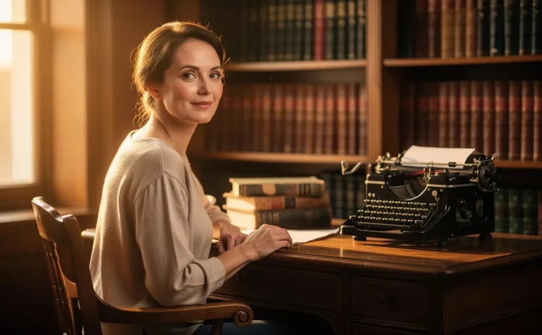 Une femme pensive est assise à un bureau ancien, entourée de livres classiques et d’une machine à écrire vintage sous une lumière douce.