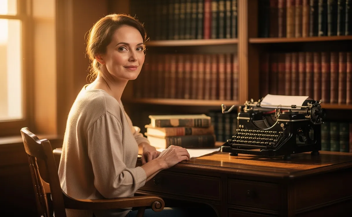 Une femme pensive est assise à un bureau ancien, entourée de livres classiques et d’une machine à écrire vintage sous une lumière douce.