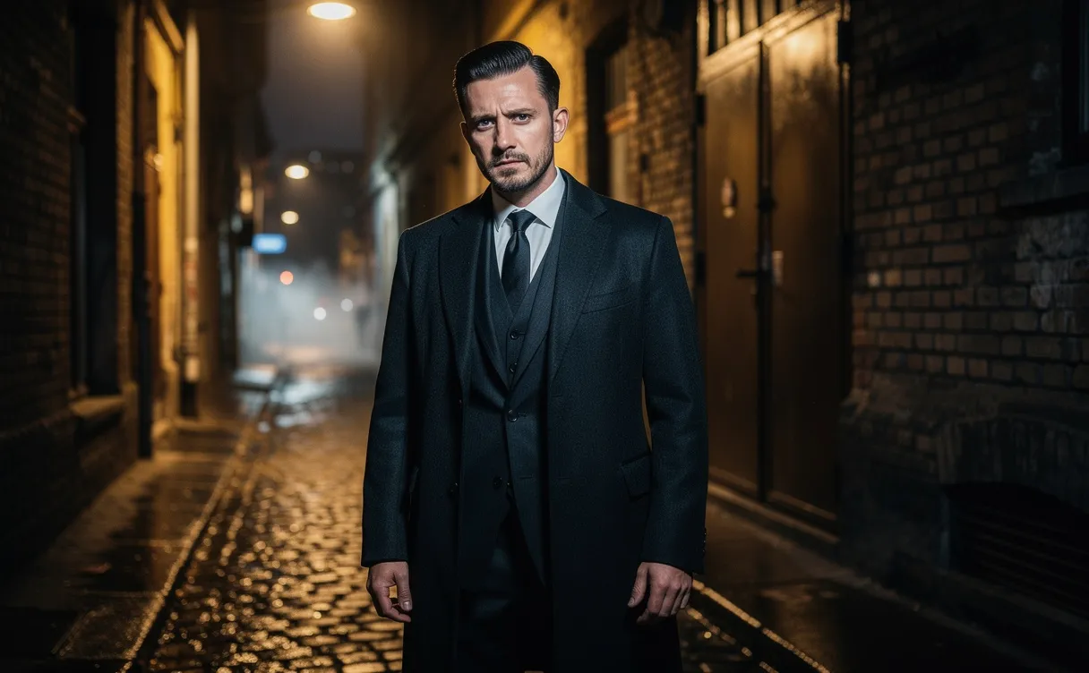 Portrait réaliste d’un homme élégant et mystérieux éclairé par des réverbères dans une ruelle sombre, avec une ambiance énigmatique et des ombres marquées.