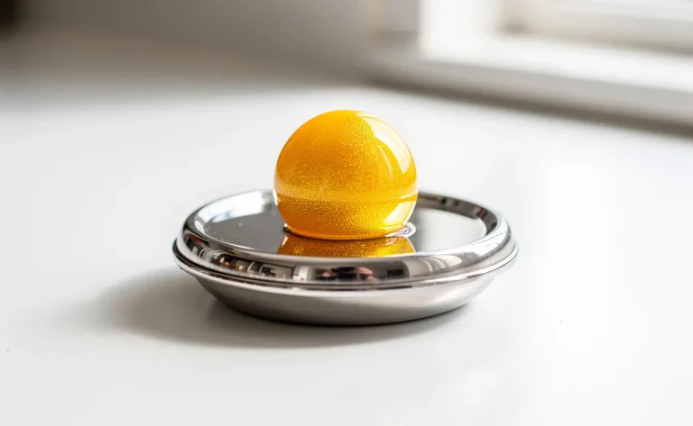 Un jaune d’œuf posé sur une balance de cuisine en métal, sur un plan de travail blanc éclairé par la lumière du jour.