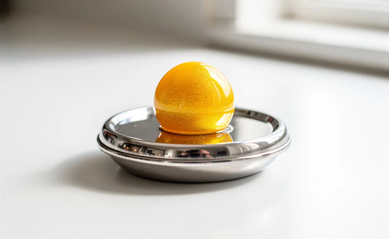 Un jaune d’œuf posé sur une balance de cuisine en métal, sur un plan de travail blanc éclairé par la lumière du jour.