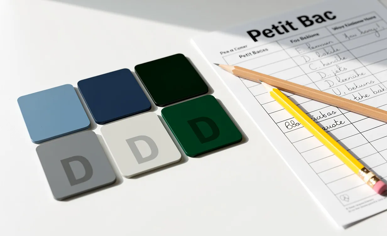 Des échantillons de peinture aux teintes bleu denim, gris colombe et vert foncé, marqués d’un D, sont disposés sur un bureau blanc près d’une feuille de jeu Petit Bac et d’un crayon.