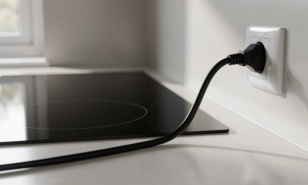 Gros plan sur une plaque à induction moderne branchée à une prise électrique murale dans une cuisine lumineuse.