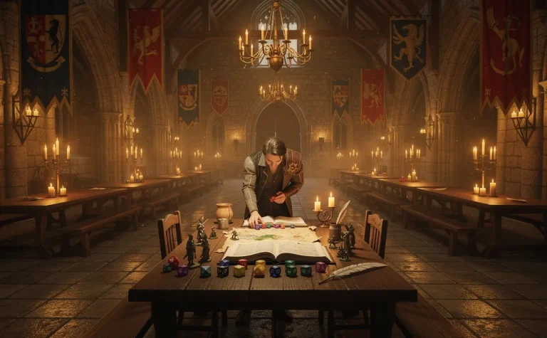 Un maître de jeu prépare une table de jeu de rôle dans la grande salle d’un château médiéval ornée de bannières colorées et de dés sous une lumière dorée.