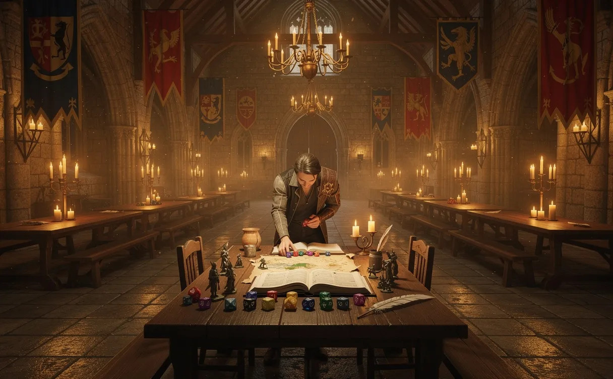 Un maître de jeu prépare une table de jeu de rôle dans la grande salle d’un château médiéval ornée de bannières colorées et de dés sous une lumière dorée.
