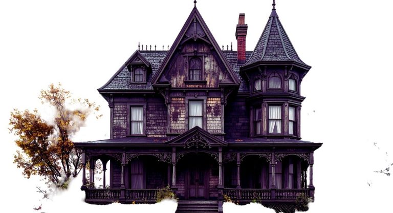 Maison victorienne gothique sombre entourée de feuillage automnal