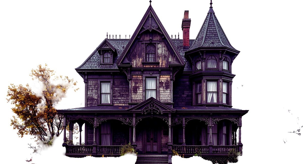 Maison victorienne gothique sombre entourée de feuillage automnal