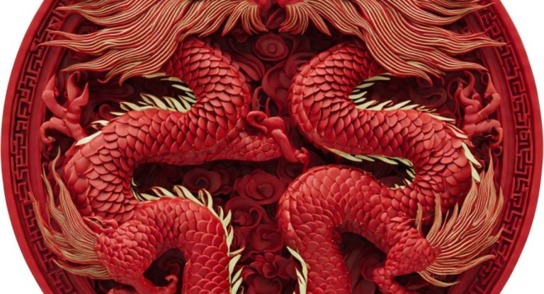 Illustration de dragon rouge et or sur fond sombre